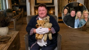 Adrian Higham net worth article image showing a man seated with vintage teddy bears and a group inset