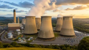 Aerial view of a UK power plant with cooling towers and steam