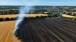 Aerial view of a burned field with smoke near a residential area