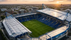 Aerial view of a large English football stadium that could host future World Cup matches