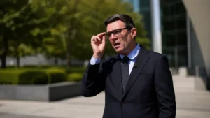 Andy Burnham speaking outdoors while adjusting his glasses