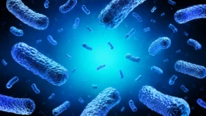 Blue bacteria under a microscope on a glowing cyan background.