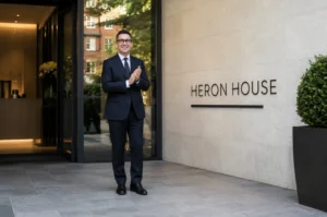 Businessman standing and clapping outside Heron House