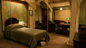 Churchill War Rooms in London featuring a preserved wartime bedroom and office used during the Second World War