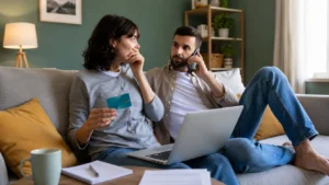 Concerned couple checking a bank card and laptop while discussing finances at home.