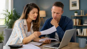 Concerned couple reviewing bank statements and finances on a laptop during a DWP benefit check