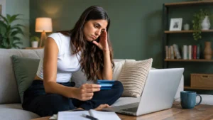 Concerned woman checking a bank card while using a laptop