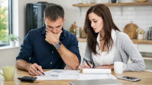 Couple reviewing household finances at home.