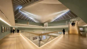 Design Museum in Kensington featuring its modern interior architecture, galleries and open atrium.