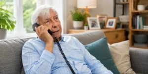 Elderly man using a landline phone at home