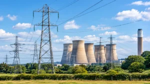 Electricity pylons and power lines surrounding a UK power station