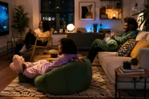 Friends relaxing and playing video games together in a cozy modern living room.