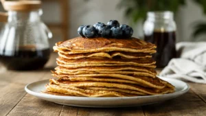 Golden pancakes topped with fresh blueberries on a wooden table