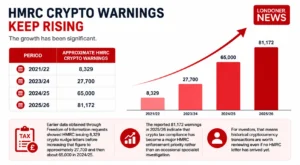 HMRC crypto warnings infographic showing letters rising from 8,329 to 81,172