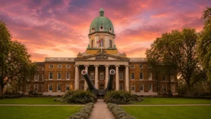 Imperial War Museum London featuring its historic building and prominent military exhibits outside.