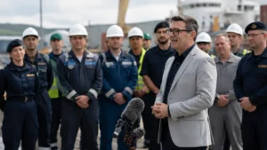 John Swinney speaking to workers at an industrial shipyard