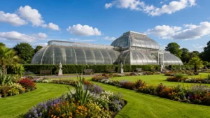 Kew Gardens glasshouse and landscaped gardens during warm summer weather in London