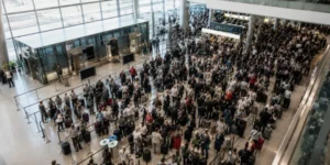 Large queues of travellers inside a busy airport terminal