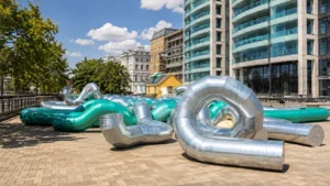 Large silver and turquoise tubular sculptures displayed across an outdoor plaza surrounded by modern buildings and trees