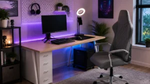 Modern gaming desk setup with monitor, gaming chair, ring light and purple LED lighting.
