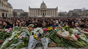 Mourners standing behind a large display of flowers during a public memorial gathering