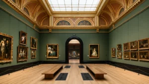 National Gallery interior in London displaying historic European paintings in an elegant gallery.