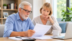 Older couple checking pension documents together at home