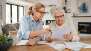 Older pensioner reviewing financial documents with assistance at home