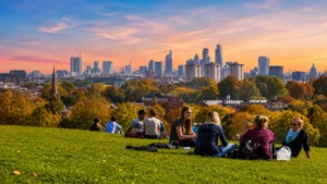People relaxing on a grassy London hill overlooking the city skyline at sunset