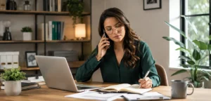Professional woman talking on the phone and taking notes beside a laptop while working from a modern home office