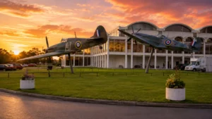 RAF Museum London in Hendon featuring historic military aircraft displayed outside the museum.
