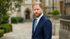 Red-haired bearded man in a navy suit standing in an elegant stone courtyard with greenery in the background