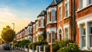 Row of large red-brick London homes with bay windows and front gardens, representing homeowners potentially affected by the planned mansion tax