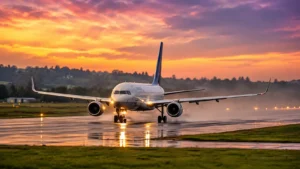 Passenger aircraft taxis on a wet airport runway at sunset, with landing lights reflecting on the pavement
