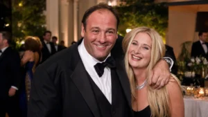 Smiling man in a tuxedo with a blonde woman at an evening gala