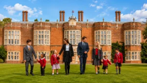 Students and teachers walking across the lawn outside a historic British independent school building under a bright blue sky.