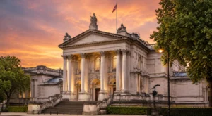 Tate Britain in London featuring its grand neoclassical exterior and columned entrance