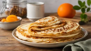 Thin British-style pancakes stacked on a plate in a rustic kitchen