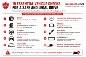 Vehicle safety infographic showing 10 essential checks