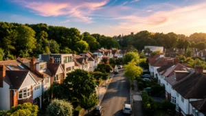 Wide aerial view of a leafy London residential neighbourhood with large homes and tree-lined streets