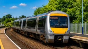 Wide view of a modern passenger train arriving at a railway station on a curved track, surrounded by green trees under clear daylight.