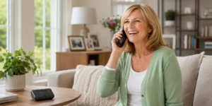 Woman making a landline phone call at home