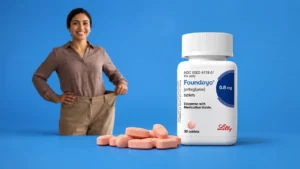 Woman showing weight loss beside Eli Lilly Foundayo tablets