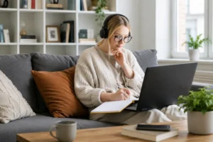 Woman using a laptop and taking notes while working from home