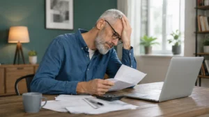 Worried older man reviewing financial documents beside a laptop