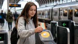 Young rail passenger at a British railway station representing the 16-17 Saver Railcard rule change