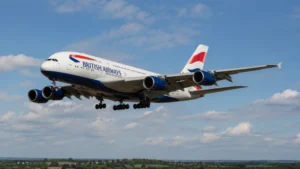 British Airways A380 approaching for landing with its landing gear extended against a bright blue sky