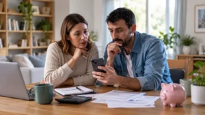 Concerned couple checking financial information on a smartphone with bills and a laptop at home