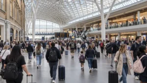Crowded UK railway station concourse with passengers carrying luggage.