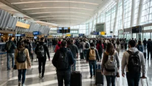 Crowded airport terminal with passengers carrying luggage